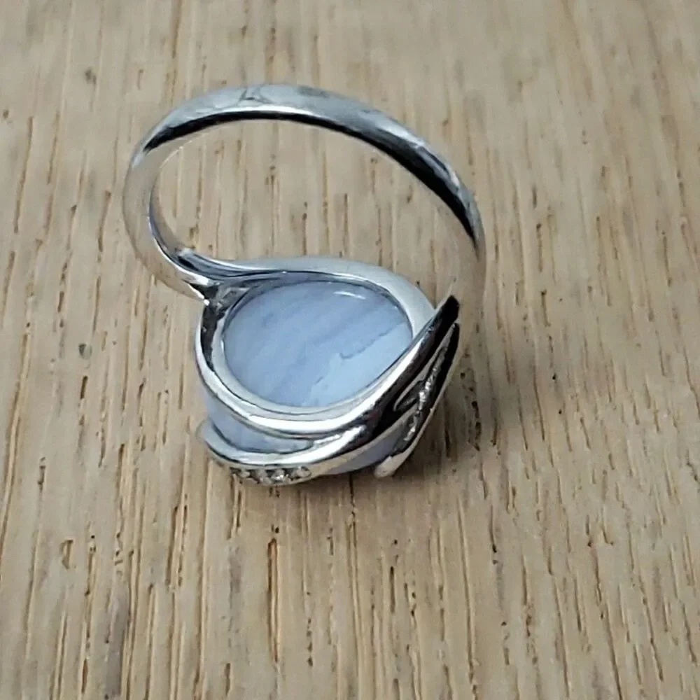 Blue Lace Agate Cabochon Ring CZ Accent 925 Silver Size 6
